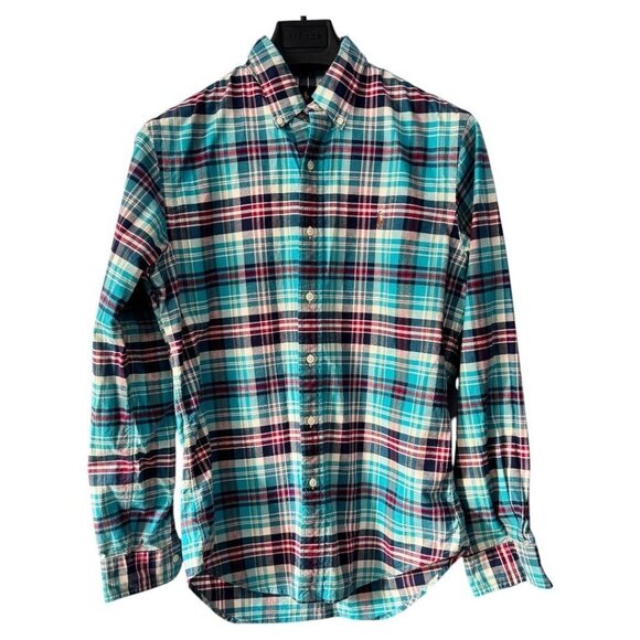 Ralph Lauren Shirt Medium Mens Stretch Oxford Blue‎ Plaid Long Sleeve slim fit - Picture 1 of 3